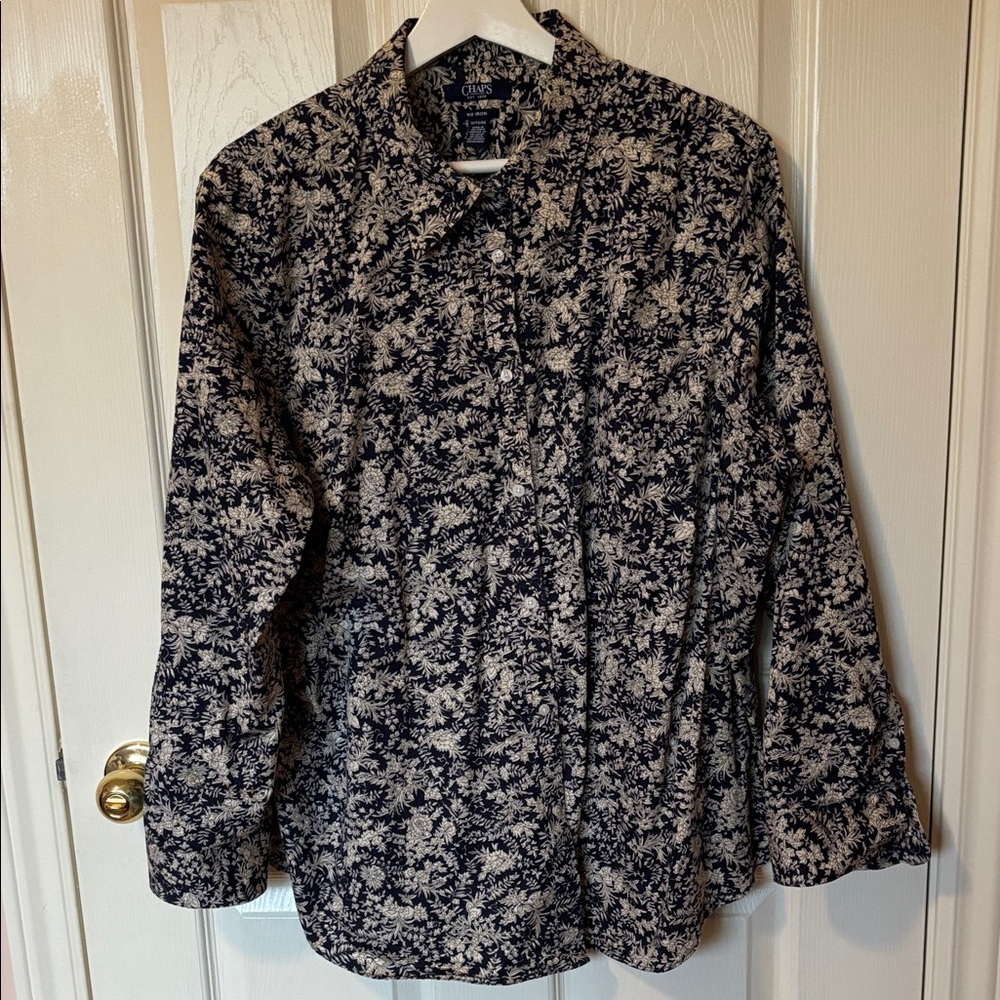 Chaps Navy Blue and Cream Floral Button Down Shirt